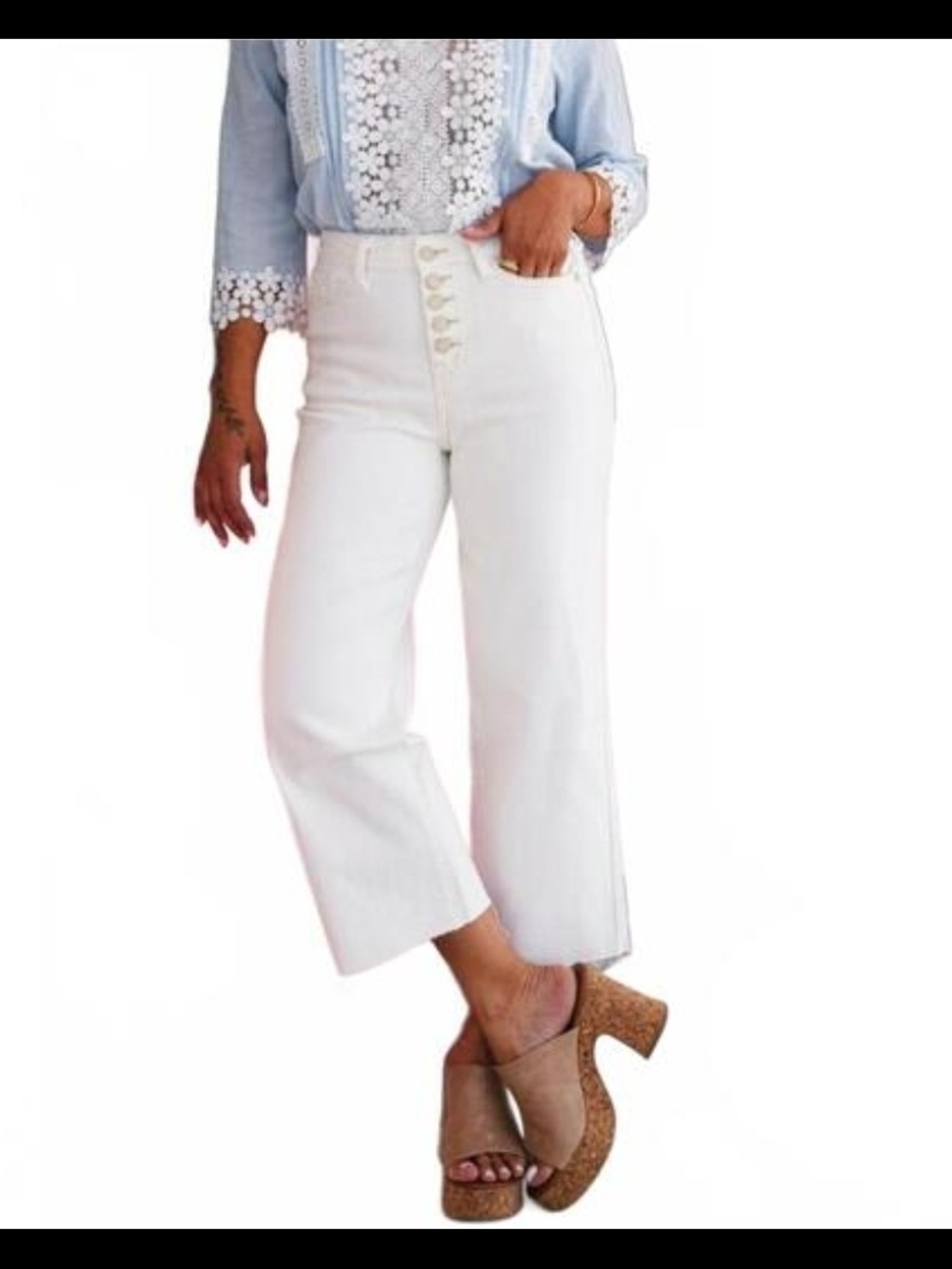 Judy Blue White Cropped Wide-Leg Jeans with Button Front